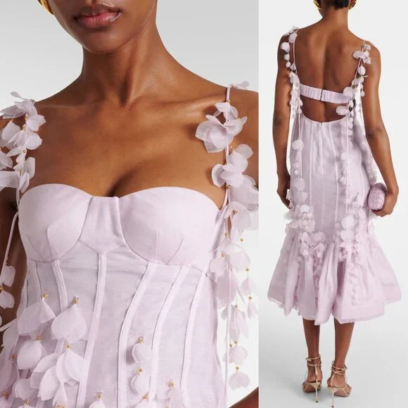 Zimmermann Botanica Petal Floral Applique Lilac Purple Silk Linen Bustier Gown - Picture 4 of 17